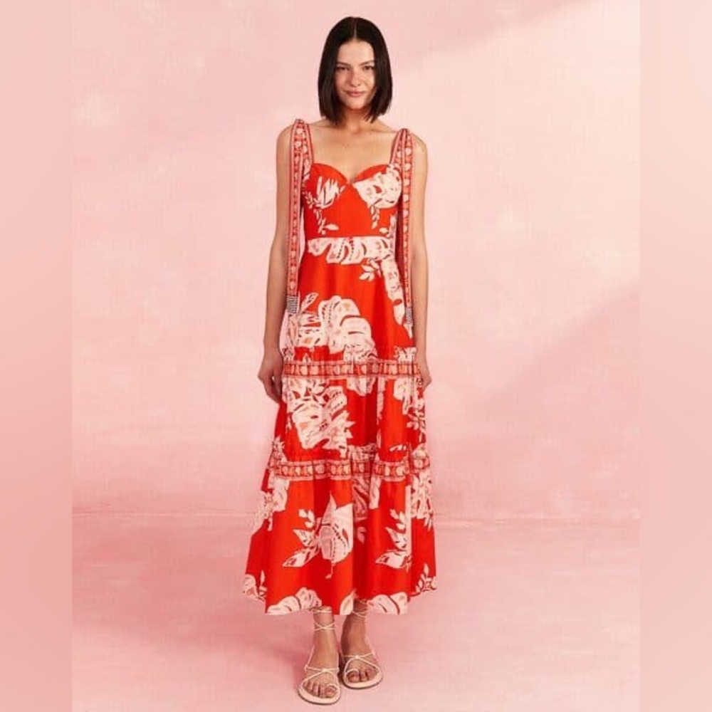Farm Rio Red Lace Monsteras Midi Dress